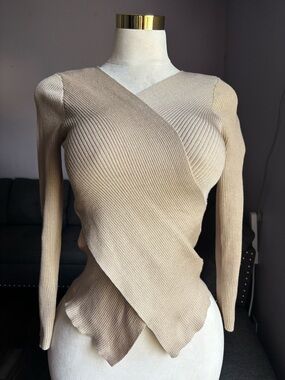 New Look Beige Wrap Ribbed Long Sleeve Top